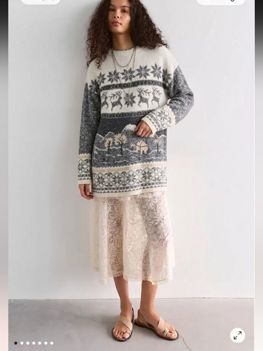 Vintage Grace long sweater arctic deers nordic landscape neutral tone Medium @M